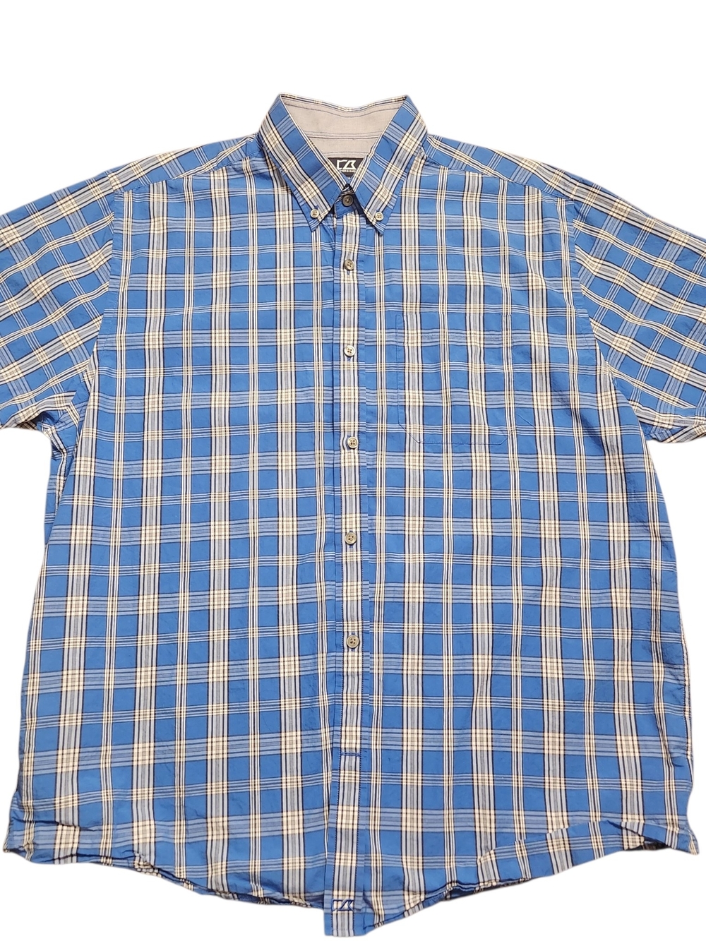 Cutter & Buck Size Large Blue Cream Short Sleeve Plaid Cotton Button-Down Shirt